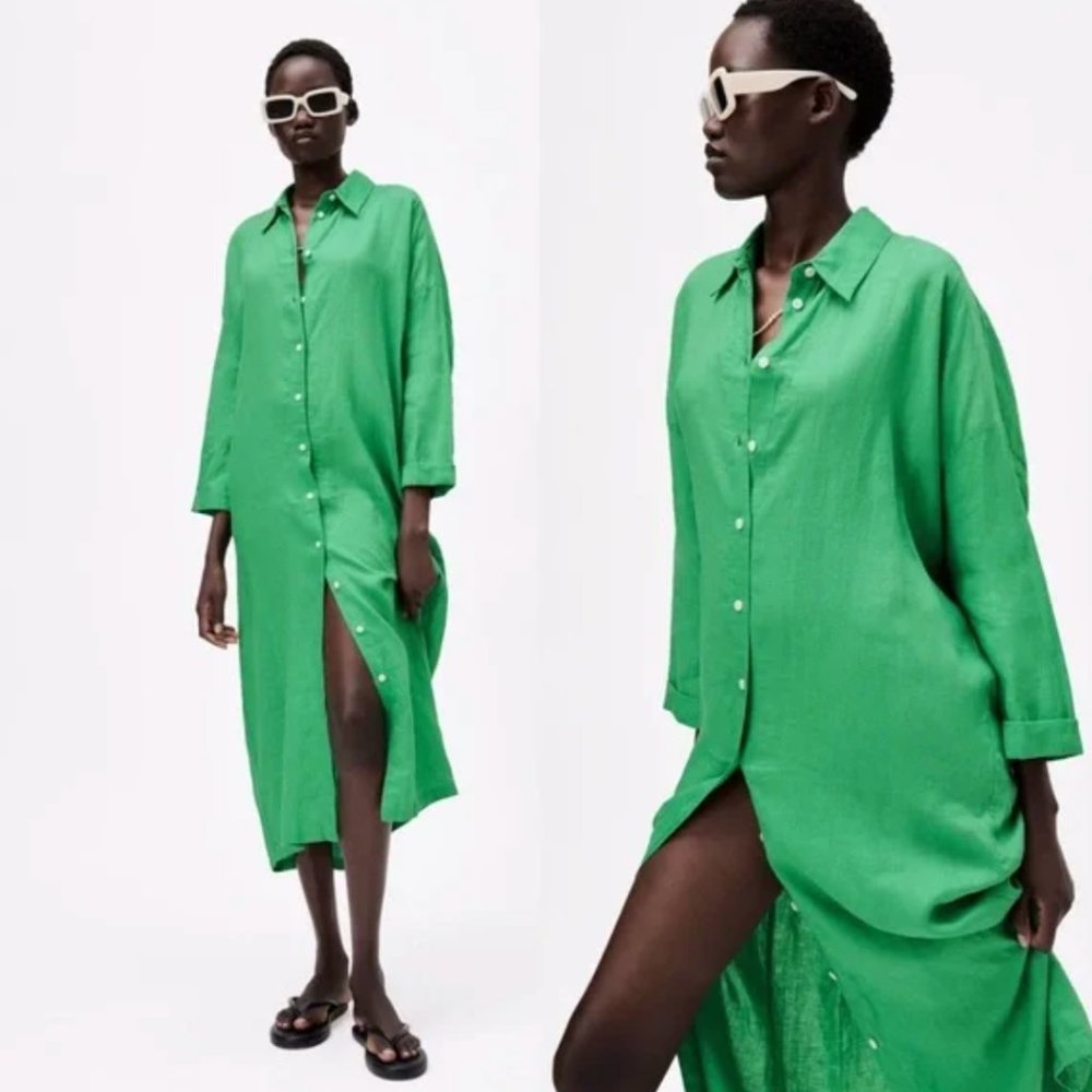Zara Green Linen Beach to Dinner Dress